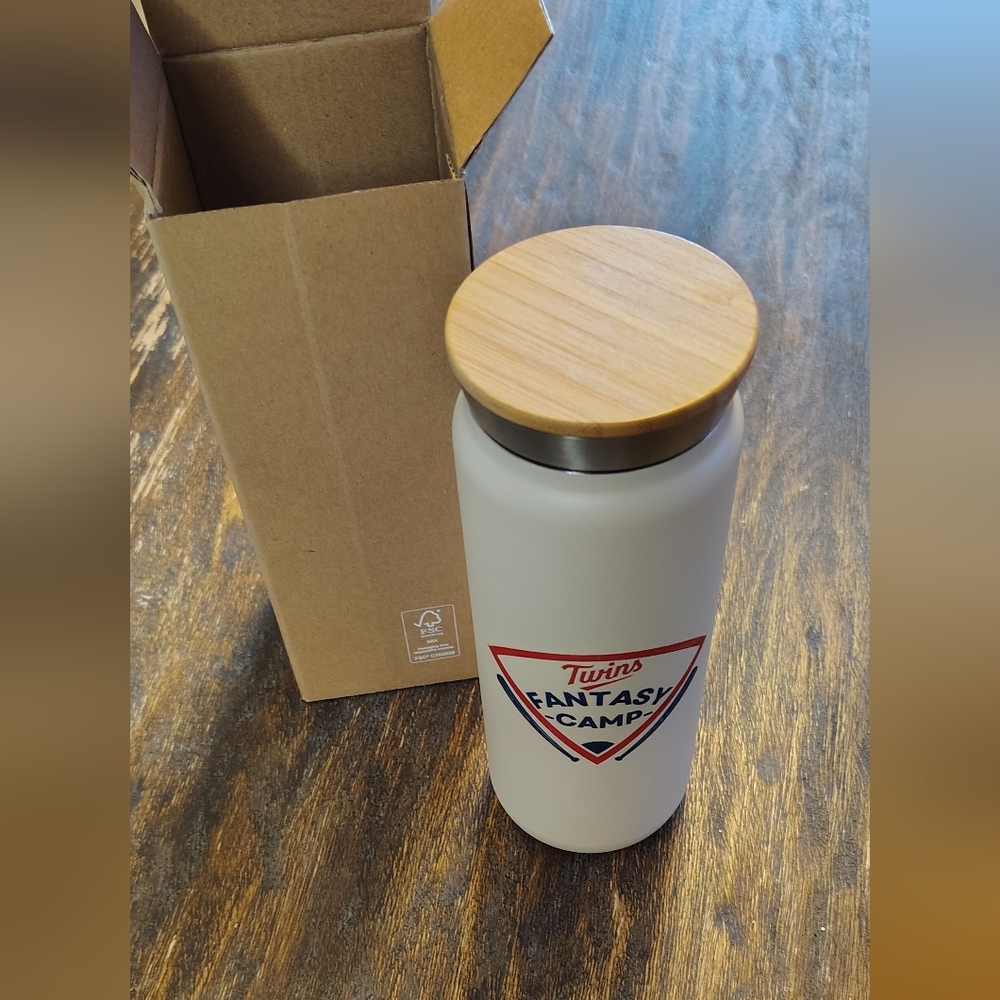 Minnesota Twins Fantasy Camp Cream Water Bottle with Wooden Lid